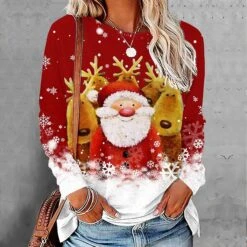 Women's T Shirt Tee Christmas Shirt Red Santa Claus Reindeer Print Long Sleeve Christmas Weekend Basic Christmas Round Neck Regular Fit Floral Painting Fall & Winter