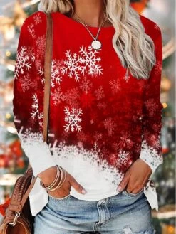 Women's T Shirt Tee Christmas Shirt Wine Red Blue Christmas Tree Snowflake Print Long Sleeve Christmas Weekend Basic Christmas Round Neck Regular Fit Painting