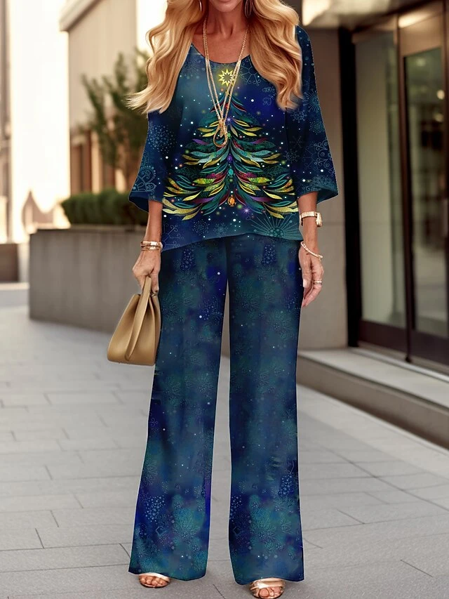 Women's Pants Sets Christmas Shirt Red Blue Green Graphic Print Long Sleeve Party Christmas Festival Christmas Round Neck Regular Fit Spring &Fall 5 Women's Pants Sets Christmas Shirt Red Blue Green Graphic Print Long Sleeve Party Christmas Festival Christmas Round Neck Regular Fit Spring &Fall - Image 3