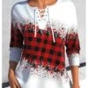 Women's T Shirt Tee Christmas Shirt Red Plaid Snowflake Print Long Sleeve Christmas Weekend Festival / Holiday V Neck Regular Fit Painting Spring &Fall