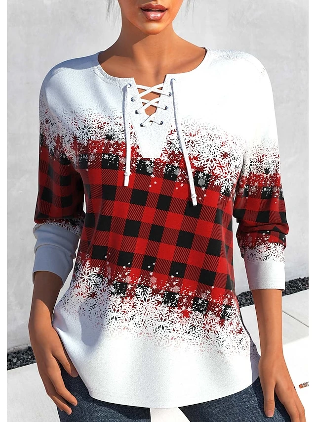 Women's T Shirt Tee Christmas Shirt Red Plaid Snowflake Print Long Sleeve Christmas Weekend Festival / Holiday V Neck Regular Fit Painting Spring &Fall 3 Women's T Shirt Tee Christmas Shirt Red Plaid Snowflake Print Long Sleeve Christmas Weekend Festival / Holiday V Neck Regular Fit Painting Spring &Fall