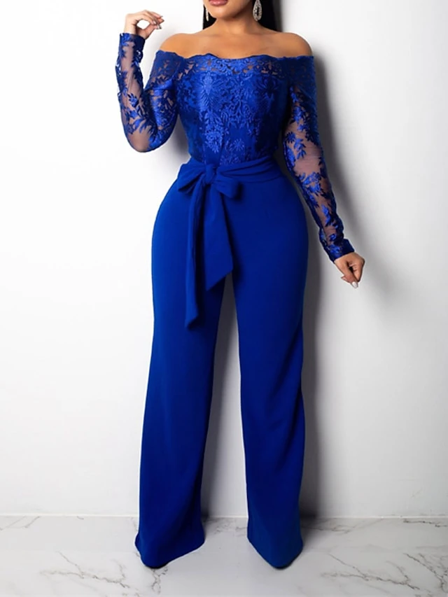 Women's Jumpsuit Lace Embroidered Floral Off Shoulder Elegant Xmas Wedding Party Christmas Regular Fit Long Sleeve Black Wine Blue S M L Fall 4 Women's Jumpsuit Lace Embroidered Floral Off Shoulder Elegant Xmas Wedding Party Christmas Regular Fit Long Sleeve Black Wine Blue S M L Fall - Image 2