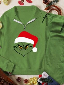 Women's Sweatshirt Tracksuit Pants Sets Christmas Shirt Light Green Army Green Dark Green Graphic Ugly Christmas Monster Zipper Drawstring Print Long Sleeve Outdoor Casual Active Sports Christmas V