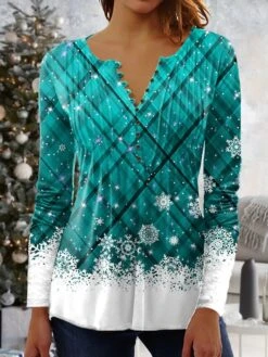 Women's Shirt Blouse Christmas Shirt Maroon Wine Red Black Plaid Snowman Deer Button Print 3/4 Length Sleeve Christmas Weekend Streetwear Casual Print Round Neck Regular Fit -Cheap Women Clothing Store itqhmj1666689029204 1