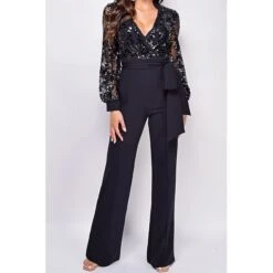Cheap Women Clothing Store 11 Women‘s Jumpsuit Solid Color Deep V Sequin Xmas Wedding Elegant Daily Holiday Christmas Straight Regular Fit Long Sleeve Black 3XL Spring