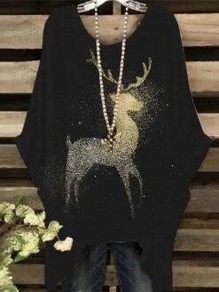Women‘s Plus Size Christmas Tops T Shirt Tee Deer Tree Print Half Sleeve Crew Neck Casual Festival Daily Cotton Spandex Jersey Winter Fall Black Gold