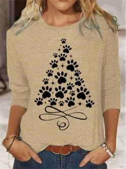 Women's T Shirt Tee Christmas Shirt Black Red Blue Christmas Tree Print Long Sleeve Party Christmas Weekend Festival / Holiday Round Neck Regular Fit Painting Spring &Fall -Cheap Women Clothing Store iuskvv1696842380713