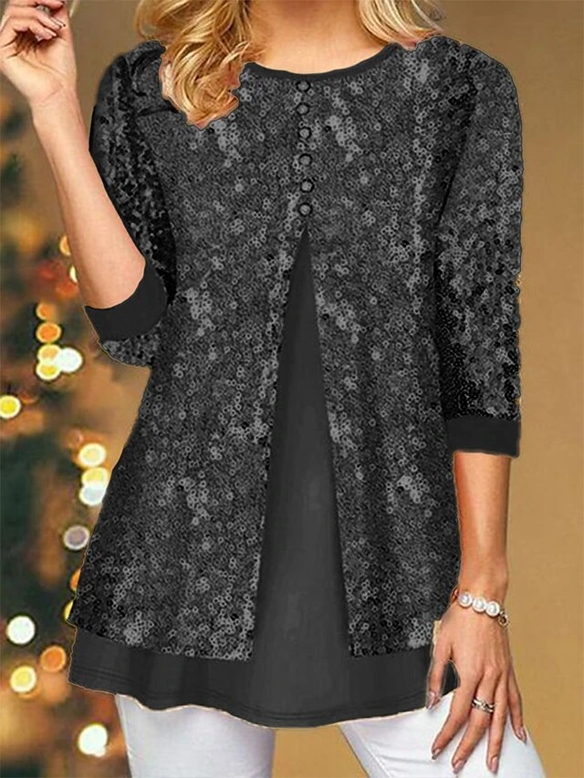 Women's Blouse Christmas Shirt Black Red Blue Sparkly Sequins Long Sleeve Party Christmas Casual Festival / Holiday Round Neck Regular Fit Spring &Fall 8 Women's Blouse Christmas Shirt Black Red Blue Sparkly Sequins Long Sleeve Party Christmas Casual Festival / Holiday Round Neck Regular Fit Spring &Fall - Image 6