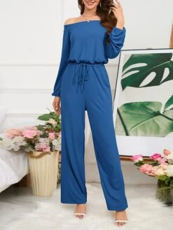 Women's Jumpsuit Pocket Drawstring Solid Color Off Shoulder Christmas Business Office Work Xmas Regular Fit Long Sleeve Black Red Blue S M L Fall -Cheap Women Clothing Store ivqtol1694415712346