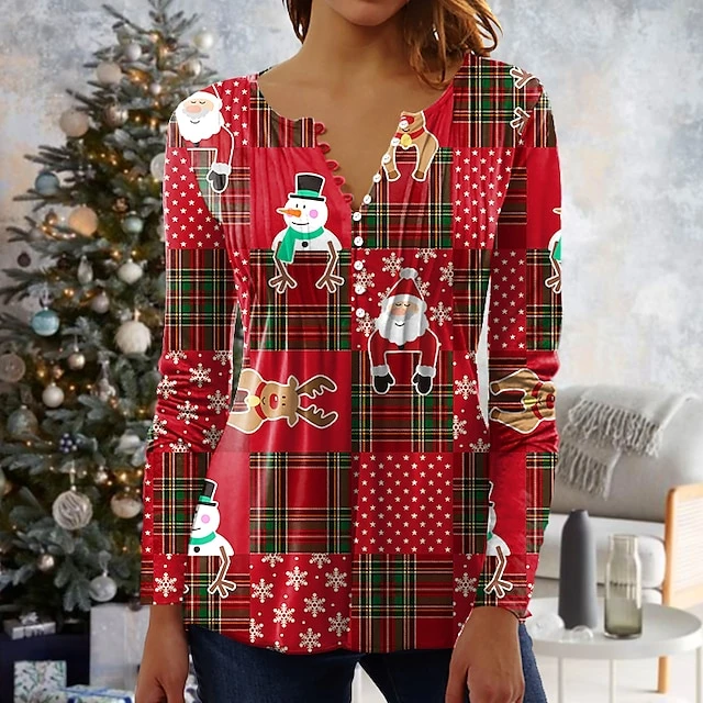 Women's Shirt Blouse Christmas Shirt Maroon Wine Red Black Plaid Snowman Deer Button Print Long Sleeve Christmas Casual Holiday Christmas Round Neck Regular Fit Spring Fall 4 Women's Shirt Blouse Christmas Shirt Maroon Wine Red Black Plaid Snowman Deer Button Print Long Sleeve Christmas Casual Holiday Christmas Round Neck Regular Fit Spring Fall - Image 2
