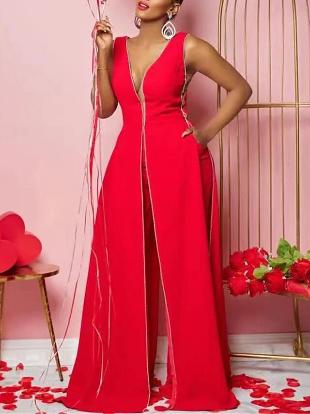 Women's Jumpsuit Backless High Waist Solid Color V Neck Streetwear Xmas Wedding Party Christmas Regular Fit Sleeveless Black Red Blue S M L Summer 4 Women's Jumpsuit Backless High Waist Solid Color V Neck Streetwear Xmas Wedding Party Christmas Regular Fit Sleeveless Black Red Blue S M L Summer - Image 2