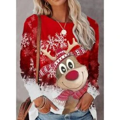 Women's T Shirt Tee Red Green Snowflake Reindeer Print Long Sleeve Christmas Weekend Cute Round Neck Regular Fit Painting Fall & Winter -Cheap Women Clothing Store iychah1665739546221