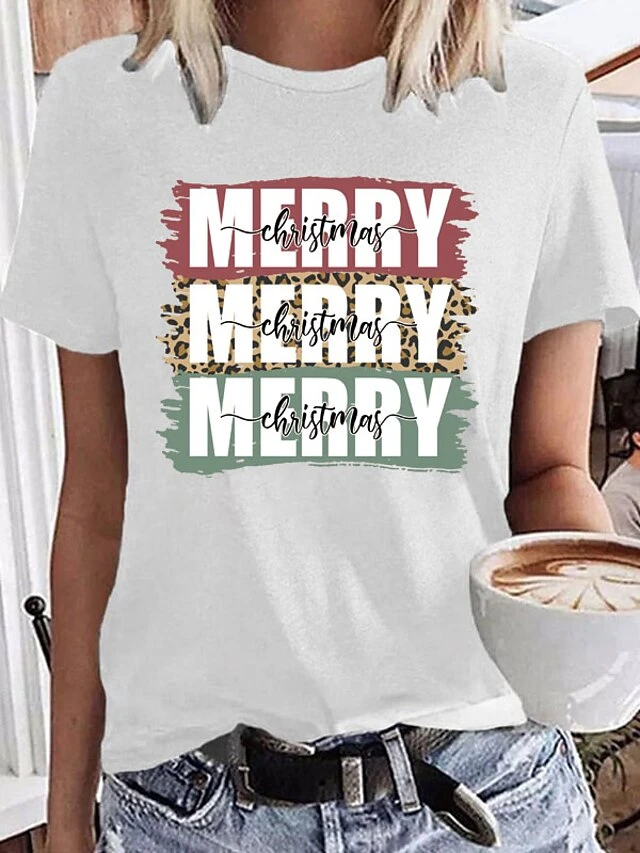 Women's T Shirt Tee Christmas Shirt 100% Cotton Black White Wine Graphic Letter Print Short Sleeve Christmas Daily Weekend Basic Christmas Round Neck Regular Fit Painting 4 Women's T Shirt Tee Christmas Shirt 100% Cotton Black White Wine Graphic Letter Print Short Sleeve Christmas Daily Weekend Basic Christmas Round Neck Regular Fit Painting - Image 2
