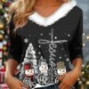 Women's T Shirt Tee Christmas Shirt Black White Red Snowman Christmas Tree Print Long Sleeve Party Christmas Weekend Festival / Holiday Print Christmas Fur Collar V Neck Regular Fit Painting Fall -Cheap Women Clothing Store izmnml1695706710008