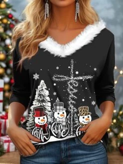 Women's T Shirt Tee Christmas Shirt Black White Red Snowman Christmas Tree Print Long Sleeve Party Christmas Weekend Festival / Holiday Print Christmas Fur Collar V Neck Regular Fit Painting Fall