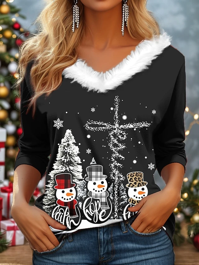 Women's T Shirt Tee Christmas Shirt Black White Red Snowman Christmas Tree Print Long Sleeve Party Christmas Weekend Festival / Holiday Print Christmas Fur Collar V Neck Regular Fit Painting Fall 3 Women's T Shirt Tee Christmas Shirt Black White Red Snowman Christmas Tree Print Long Sleeve Party Christmas Weekend Festival / Holiday Print Christmas Fur Collar V Neck Regular Fit Painting Fall