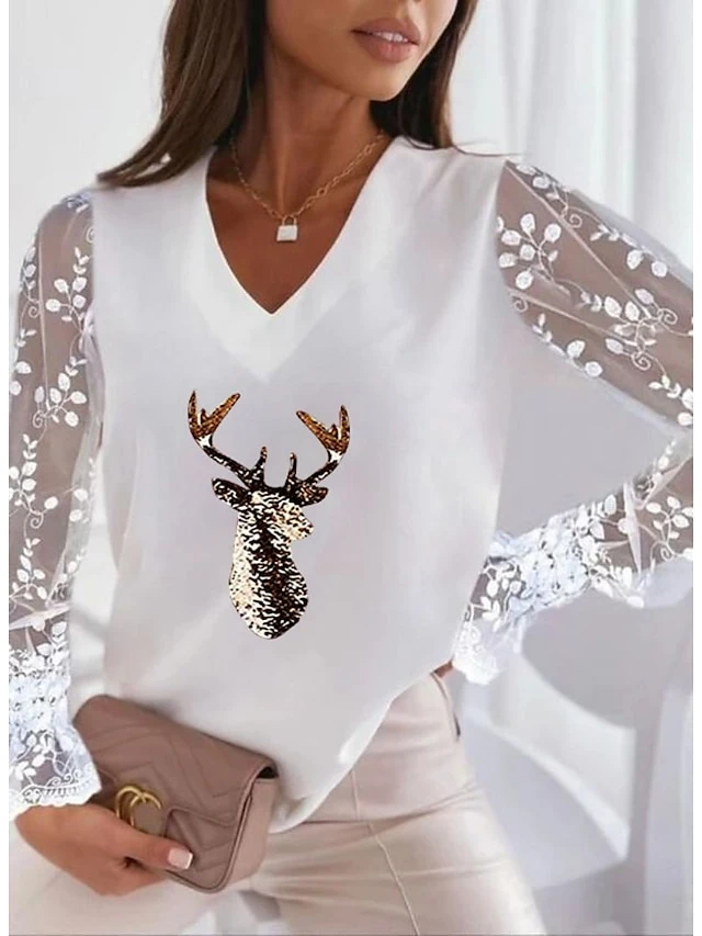 Women's T Shirt Tee Maroon Silver Peach Graphic Reindeer Patchwork Lace Trims Long Sleeve Christmas Casual Christmas V Neck Regular S 4 Women's T Shirt Tee Maroon Silver Peach Graphic Reindeer Patchwork Lace Trims Long Sleeve Christmas Casual Christmas V Neck Regular S - Image 2