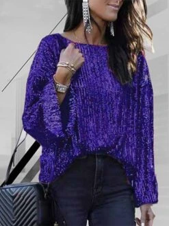 Women's Shirt Blouse Fleece Black Wine Purple Plain Sparkly Sequins Long Sleeve Party Christmas Casual Vintage Fashion Metallic Round Neck Regular Fit Spring Fall -Cheap Women Clothing Store izvrel1681092985590