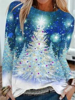 Women's T Shirt Tee Christmas Shirt Wine Red Blue Christmas Tree Snowflake Print Long Sleeve Christmas Weekend Basic Christmas Round Neck Regular Fit Painting -Cheap Women Clothing Store jbawzg1636429527455