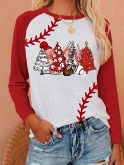 Women's T Shirt Tee Christmas Shirt Red Brown Christmas Tree Print Long Sleeve Christmas Weekend Festival / Holiday Christmas Round Neck Regular Fit Painting Spring &Fall