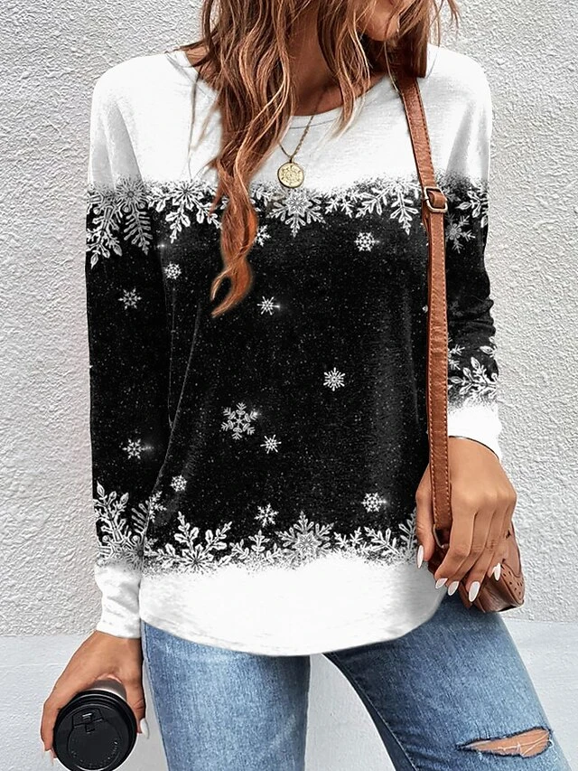 Women's T Shirt Tee Christmas Shirt Black Red Blue Snowflake Print Long Sleeve Christmas Weekend Festival / Holiday Round Neck Regular Fit Painting Spring &Fall 4 Women's T Shirt Tee Christmas Shirt Black Red Blue Snowflake Print Long Sleeve Christmas Weekend Festival / Holiday Round Neck Regular Fit Painting Spring &Fall - Image 2