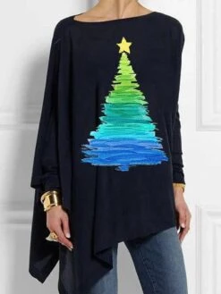 Women's T Shirt Tee Christmas Shirt Black Red Green Christmas Tree Asymmetrical Print Long Sleeve Christmas Weekend Festival / Holiday Off Shoulder Regular Fit Painting Spring &Fall
