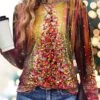 Women's T Shirt Tee Christmas Shirt Pink Blue Orange Christmas Tree Print Long Sleeve Party Christmas Weekend Festival / Holiday Round Neck Regular Fit Painting Spring &Fall
