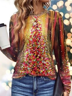 Women's T Shirt Tee Christmas Shirt Pink Blue Orange Christmas Tree Print Long Sleeve Party Christmas Weekend Festival / Holiday Round Neck Regular Fit Painting Spring &Fall