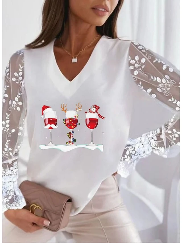 Women's T Shirt Tee Maroon Silver Peach Graphic Reindeer Patchwork Lace Trims Long Sleeve Christmas Casual Christmas V Neck Regular S 5 Women's T Shirt Tee Maroon Silver Peach Graphic Reindeer Patchwork Lace Trims Long Sleeve Christmas Casual Christmas V Neck Regular S - Image 3