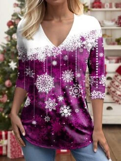 Women's T Shirt Tee Christmas Shirt Red Blue Purple Snowflake Print Long Sleeve Christmas Weekend Festival / Holiday V Neck Regular Fit Painting Spring &Fall -Cheap Women Clothing Store jdaivn1695727198105