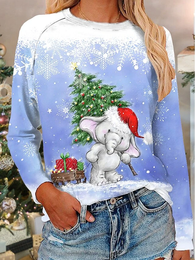 Women's T Shirt Tee Christmas Shirt Black Red Blue Reindeer Print Long Sleeve Christmas Weekend Festival / Holiday Christmas Round Neck Regular Fit Painting Spring &Fall 6 Women's T Shirt Tee Christmas Shirt Black Red Blue Reindeer Print Long Sleeve Christmas Weekend Festival / Holiday Christmas Round Neck Regular Fit Painting Spring &Fall - Image 4