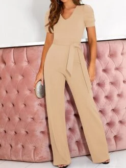 Women's Jumpsuit Lace Up Beaded Solid Color V Neck Elegant Office Christmas Xmas Regular Fit Short Sleeve Black Army Green Red S M L Fall -Cheap Women Clothing Store jerdim1695347201957