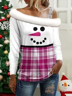 Women's Blouse Christmas Shirt Pink Red Blue Plaid Snowman Print Long Sleeve Christmas Casual Festival / Holiday Fur Collar Regular Fit Spring &Fall -Cheap Women Clothing Store jfetao1696749016394