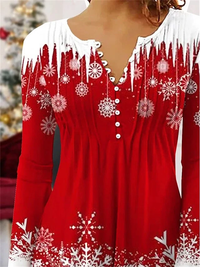 Women's Shirt Blouse Christmas Shirt Red Blue Green Snowflake Button Print 3/4 Length Sleeve Christmas Casual Festival / Holiday Round Neck Regular Fit Spring &Fall 4 Women's Shirt Blouse Christmas Shirt Red Blue Green Snowflake Button Print 3/4 Length Sleeve Christmas Casual Festival / Holiday Round Neck Regular Fit Spring &Fall - Image 2