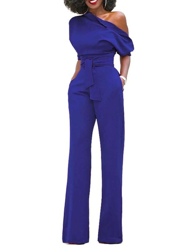 Jumpsuits For Women Dressy Pocket High Waist Solid Color One Shoulder Elegant Xmas Party Christmas Street Regular Fit Half Sleeve Black Blue Yellow S M L Fall Winter Summer 12 Jumpsuits For Women Dressy Pocket High Waist Solid Color One Shoulder Elegant Xmas Party Christmas Street Regular Fit Half Sleeve Black Blue Yellow S M L Fall Winter Summer - Image 10