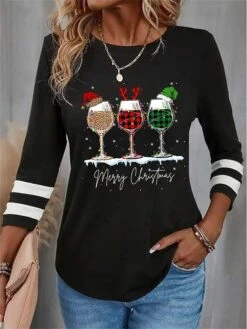 Women's T Shirt Tee Christmas Shirt Black Red Blue Leopard Plaid Wine Glass Print Long Sleeve Party Christmas Weekend Festival / Holiday Round Neck Regular Fit Painting Spring &Fall 11 Women's T Shirt Tee Christmas Shirt Black Red Blue Leopard Plaid Wine Glass Print Long Sleeve Party Christmas Weekend Festival / Holiday Round Neck Regular Fit Painting Spring &Fall -Cheap Women Clothing Store jgsmql1696843039127