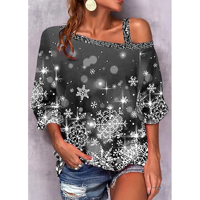 Women's Shirt Christmas Shirt Red Blue Gray Snowflake Print Long Sleeve Christmas Weekend Streetwear Casual Print One Shoulder Regular Fit Cold Shoulder Spring Fall 3 Women's Shirt Christmas Shirt Red Blue Gray Snowflake Print Long Sleeve Christmas Weekend Streetwear Casual Print One Shoulder Regular Fit Cold Shoulder Spring Fall