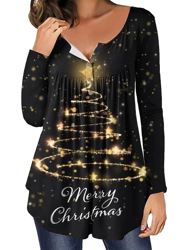 Women's Shirt Christmas Shirt Black Yellow Red Christmas Tree Button Flowing Tunic Print Long Sleeve Christmas Weekend Streetwear Print Christmas Round Neck Regular Fit 7 Women's Shirt Christmas Shirt Black Yellow Red Christmas Tree Button Flowing Tunic Print Long Sleeve Christmas Weekend Streetwear Print Christmas Round Neck Regular Fit - Image 5