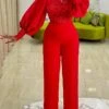 Women's Jumpsuit Flower Lace Solid Color Crew Neck Formal Birthday Party Christmas Evening Straight Regular Fit Long Sleeve Bishop Sleeve Red S M L Fall Cold Weather -Cheap Women Clothing Store jhgbee1631935525378