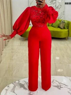 Cheap Women Clothing Store 9 Women's Jumpsuit Flower Lace Solid Color Crew Neck Formal Birthday Party Christmas Evening Straight Regular Fit Long Sleeve Bishop Sleeve Red S M L Fall Cold Weather