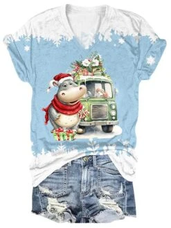 Women's T Shirt Tee Christmas Shirt Black Blue Graphic Christmas Tree Sparkly Print Short Sleeve Party Christmas Weekend Festival / Holiday V Neck Regular Fit Painting Summer -Cheap Women Clothing Store jiodlq1697595268975