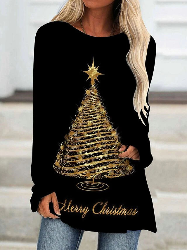 Women's T Shirt Tee Burgundy Tee Christmas Shirt Black Wine Red Christmas Tree Print Long Sleeve Christmas Weekend Basic Print Christmas Round Neck Regular Fit Painting Fall & Winter 5 Women's T Shirt Tee Burgundy Tee Christmas Shirt Black Wine Red Christmas Tree Print Long Sleeve Christmas Weekend Basic Print Christmas Round Neck Regular Fit Painting Fall & Winter - Image 3