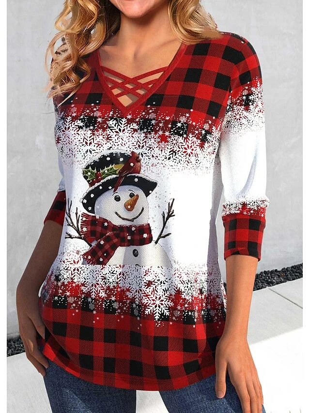 Women's T Shirt Tee Christmas Shirt Red Plaid Snowman Snowflake Print Long Sleeve Christmas Weekend Festival / Holiday V Neck Regular Fit Painting Spring &Fall 4 Women's T Shirt Tee Christmas Shirt Red Plaid Snowman Snowflake Print Long Sleeve Christmas Weekend Festival / Holiday V Neck Regular Fit Painting Spring &Fall - Image 2