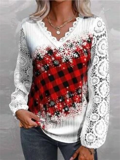 Women's Shirt Blouse Christmas Shirt White Wine Red Snowman Snowflake Deer Lace Print Long Sleeve Christmas Casual Festival / Holiday V Neck Regular Fit Spring &Fall -Cheap Women Clothing Store jkbneg1695639273359
