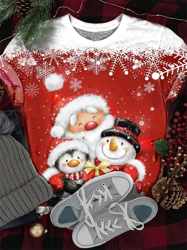 Women's T Shirt Tee Christmas Shirt Black White Yellow Snowman Santa's Helper Print Short Sleeve Christmas Weekend Festival / Holiday Christmas Round Neck Regular Fit Painting Summer 4 Women's T Shirt Tee Christmas Shirt Black White Yellow Snowman Santa's Helper Print Short Sleeve Christmas Weekend Festival / Holiday Christmas Round Neck Regular Fit Painting Summer - Image 2