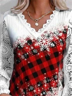 Women's Shirt Blouse Christmas Shirt White Wine Red Snowman Snowflake Deer Lace Print Long Sleeve Christmas Casual Festival / Holiday V Neck Regular Fit Spring &Fall -Cheap Women Clothing Store jkyfsi1695639274315