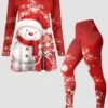 Women's Pants Sets Christmas Shirt Red Graphic Print Long Sleeve Casual Festival Christmas Round Neck Regular Fit Spring &Fall