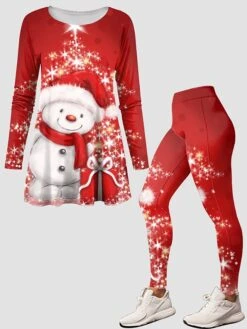 Women's Pants Sets Christmas Shirt Red Graphic Print Long Sleeve Casual Festival Christmas Round Neck Regular Fit Spring &Fall