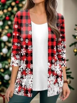 Women's Shirt Shrugs Christmas Shirt Pink Red Blue Plaid Snowflake Print 3/4 Length Sleeve Party Christmas Casual Festival / Holiday V Neck Regular Fit Spring &Fall