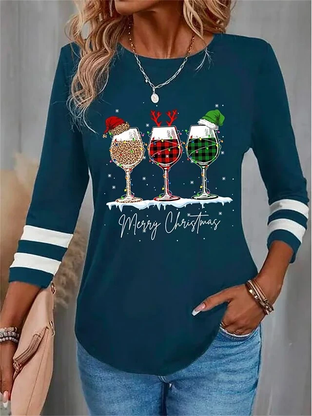 Women's T Shirt Tee Christmas Shirt Black Red Blue Leopard Plaid Wine Glass Print Long Sleeve Party Christmas Weekend Festival / Holiday Round Neck Regular Fit Painting Spring &Fall 4 Women's T Shirt Tee Christmas Shirt Black Red Blue Leopard Plaid Wine Glass Print Long Sleeve Party Christmas Weekend Festival / Holiday Round Neck Regular Fit Painting Spring &Fall - Image 2